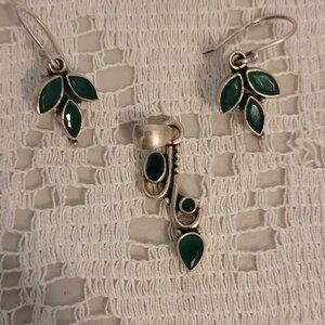 925 Sterling Silver Green Stone Jewelry Set Pendant + Earrings | Made in India